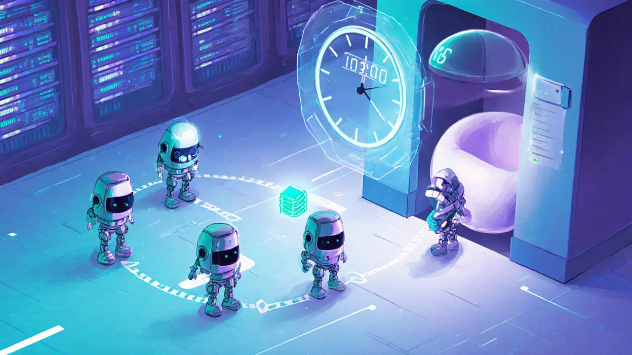 Swarm of robot agents passing data and entering hibernation pods.