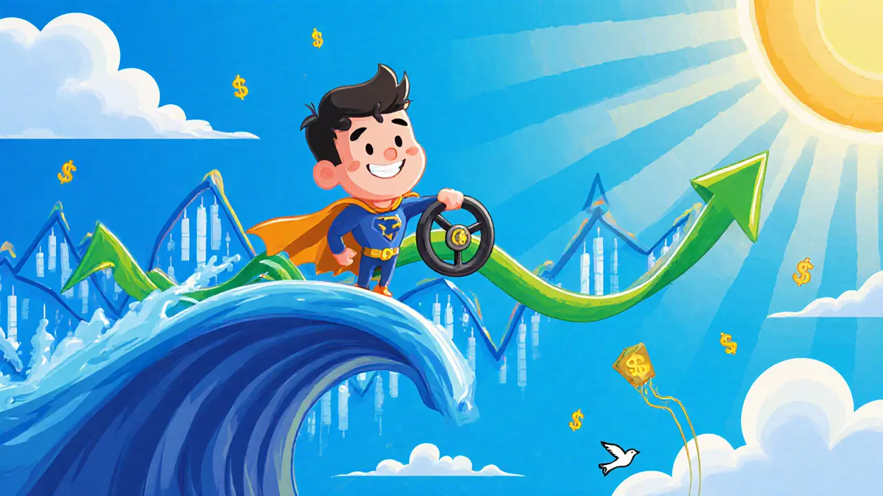 Trader rides an upward price wave with a green trailing‑stop ribbon trailing behind.