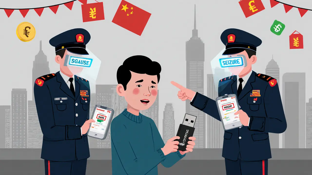 A citizen holds a USB with crypto as police scan them with devices showing &#039;SEIZURE&#039; warnings.