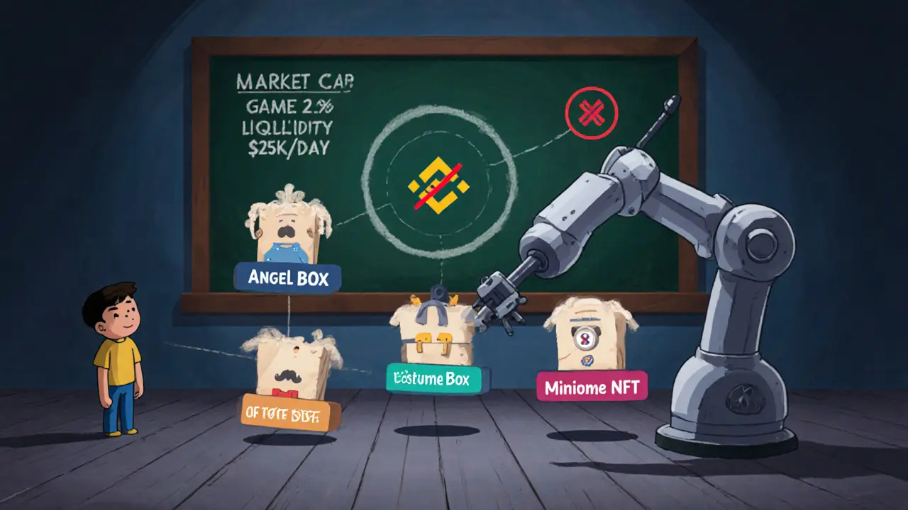 A developer connecting NFT boxes to unfinished game icons while a chalkboard shows low market cap and no Binance listing.