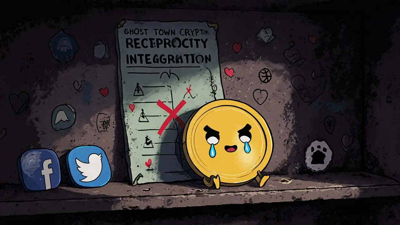 Abandoned DOGEGF token on a dusty shelf with dead social media icons.