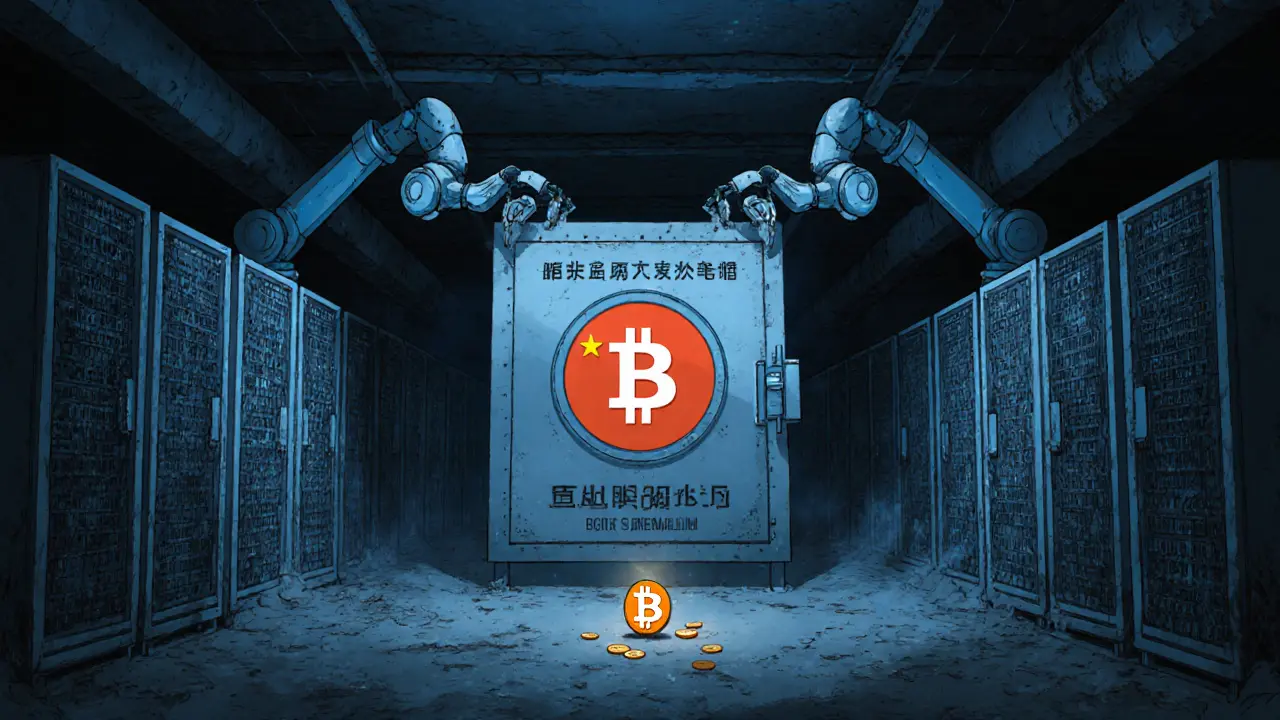 Abandoned mining rigs in a dark warehouse as robotic arms transfer coins into a digital yuan vault.