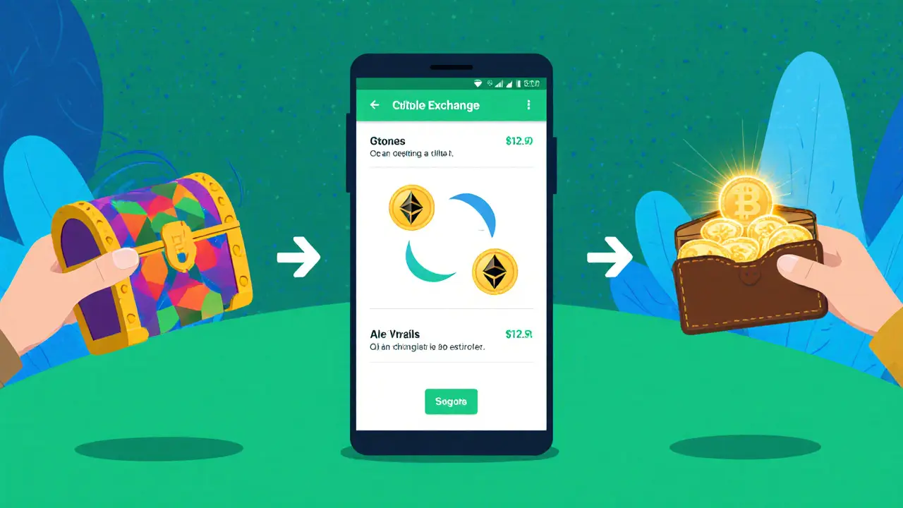 Cartoon character swapping ETH for HUSTLE tokens and storing them in a digital wallet.