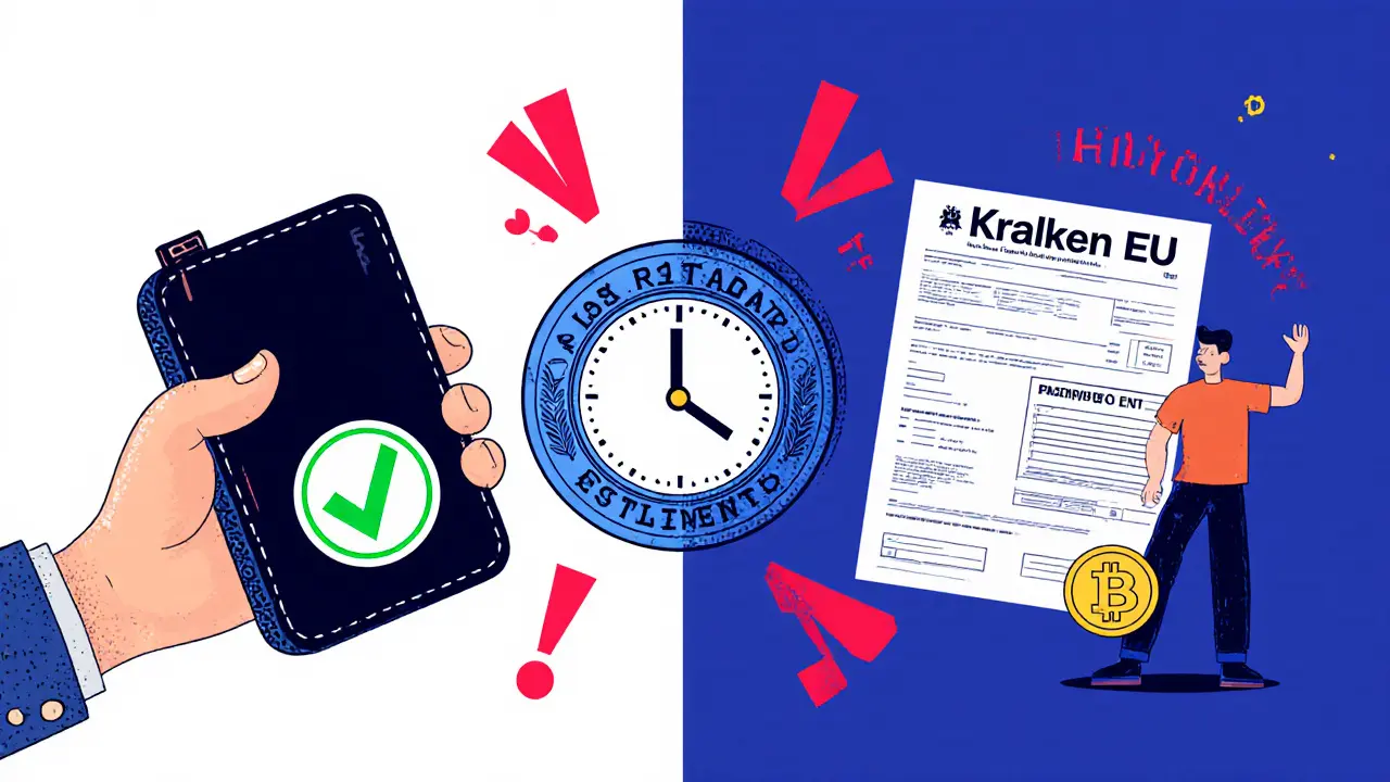 Cartoon comparing self-custody vs. exchange-held crypto accounts with FBAR warnings.