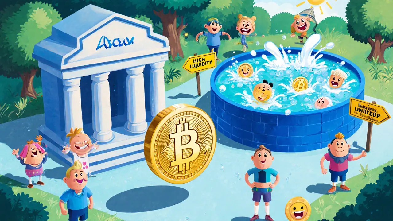 Cartoon DeFi playground showing WBTC used as collateral and in a liquidity pool.