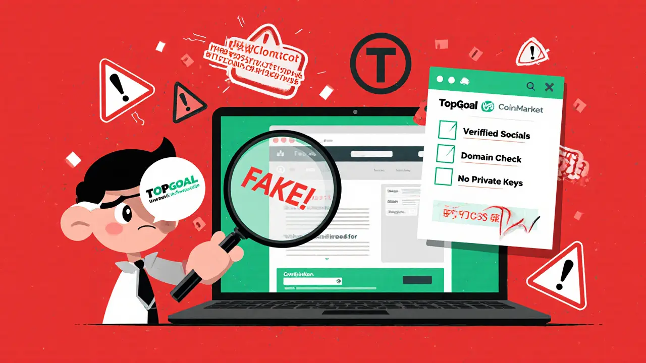 Cartoon detective checking fake website with warning signs and official TopGoal checklist.