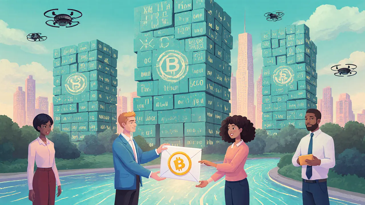 Cartoon futuristic city of immutable blocks highlights trust and benefits.