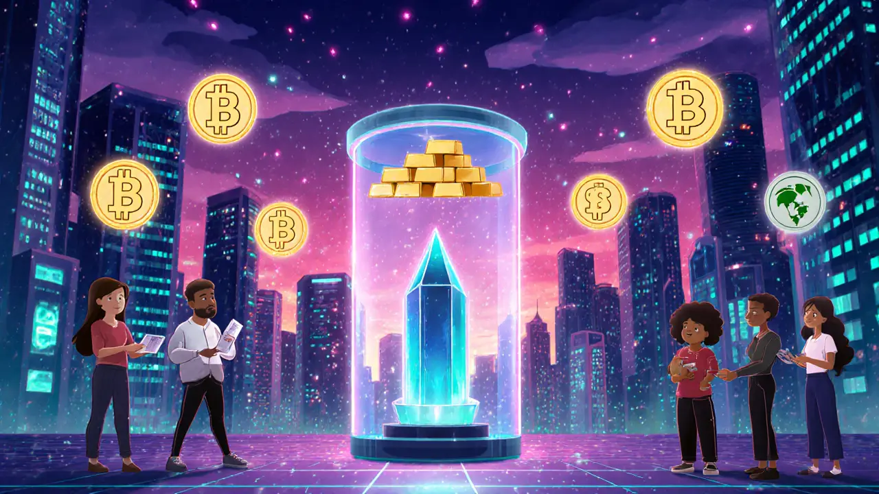 Cartoon futuristic city with real-world assets being wrapped into DeFi tokens.