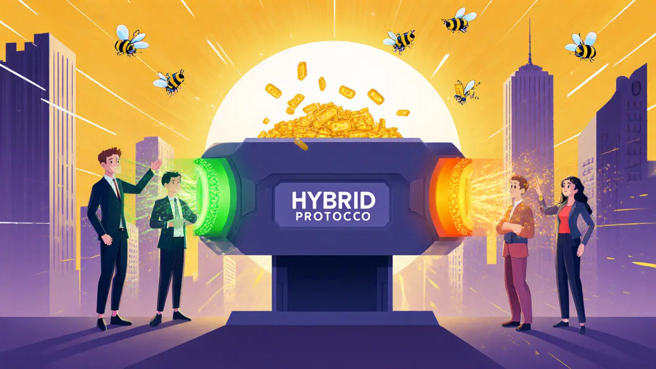 Cartoon hybrid machine merges single‑ and dual‑sided streams with bots and investors.