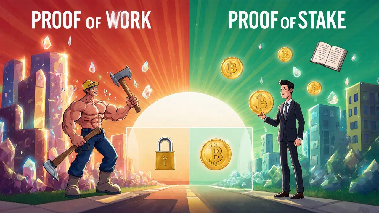 Cartoon miners vs validators show PoW and PoS security differences.