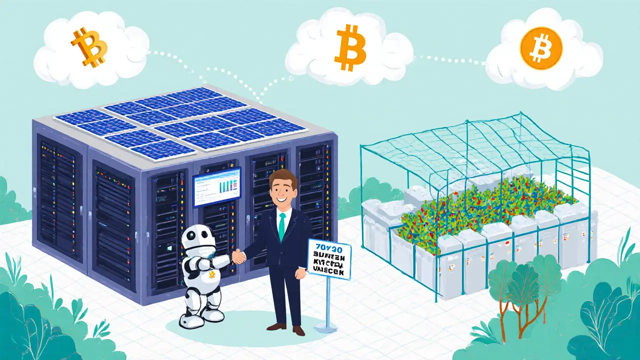 Cartoon of a clean, solar-powered licensed mining center with AI monitors and greenhouses using waste heat.