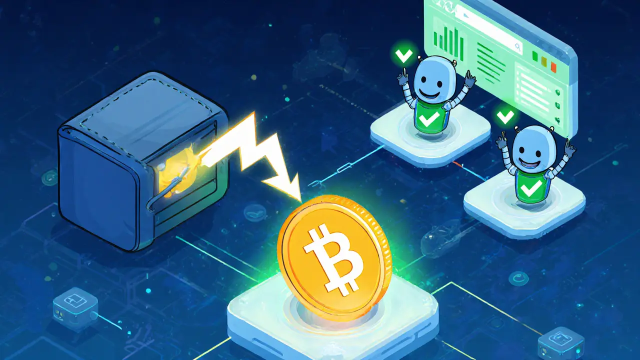 Cartoon of a digital wallet sending USDC through robots confirming a fast blockchain transaction.