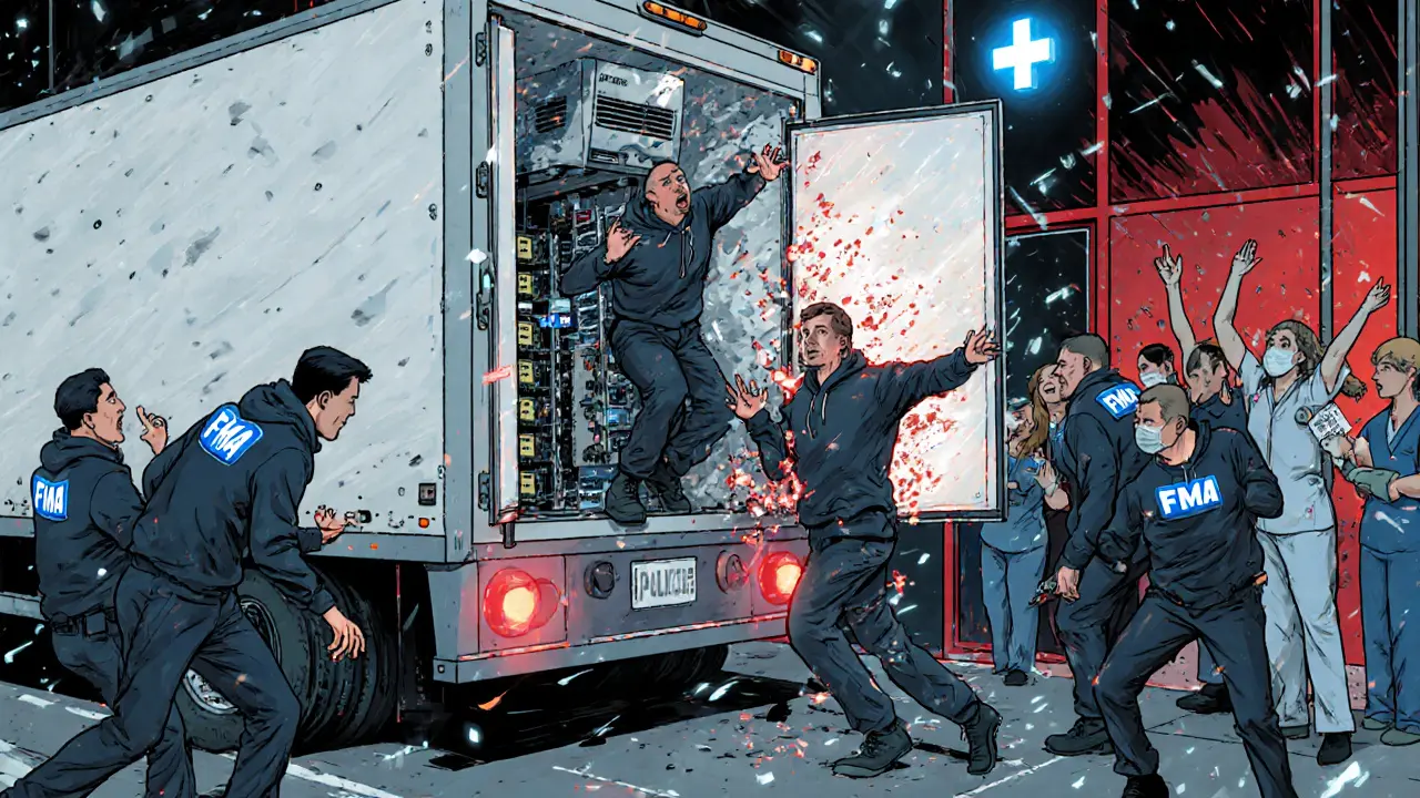 Cartoon of police raiding a mining truck outside a hospital, ventilator restarting as power is cut.