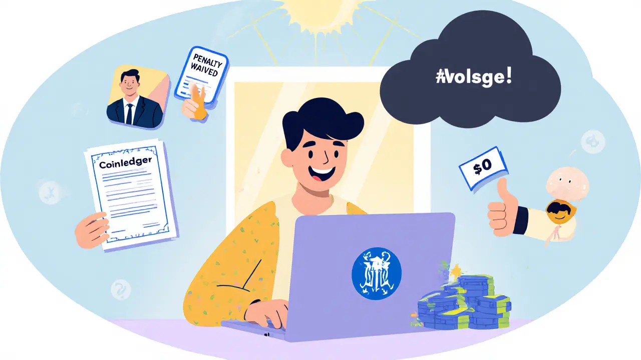 Cartoon of someone filing FBARs correctly and avoiding penalties with crypto tax software.