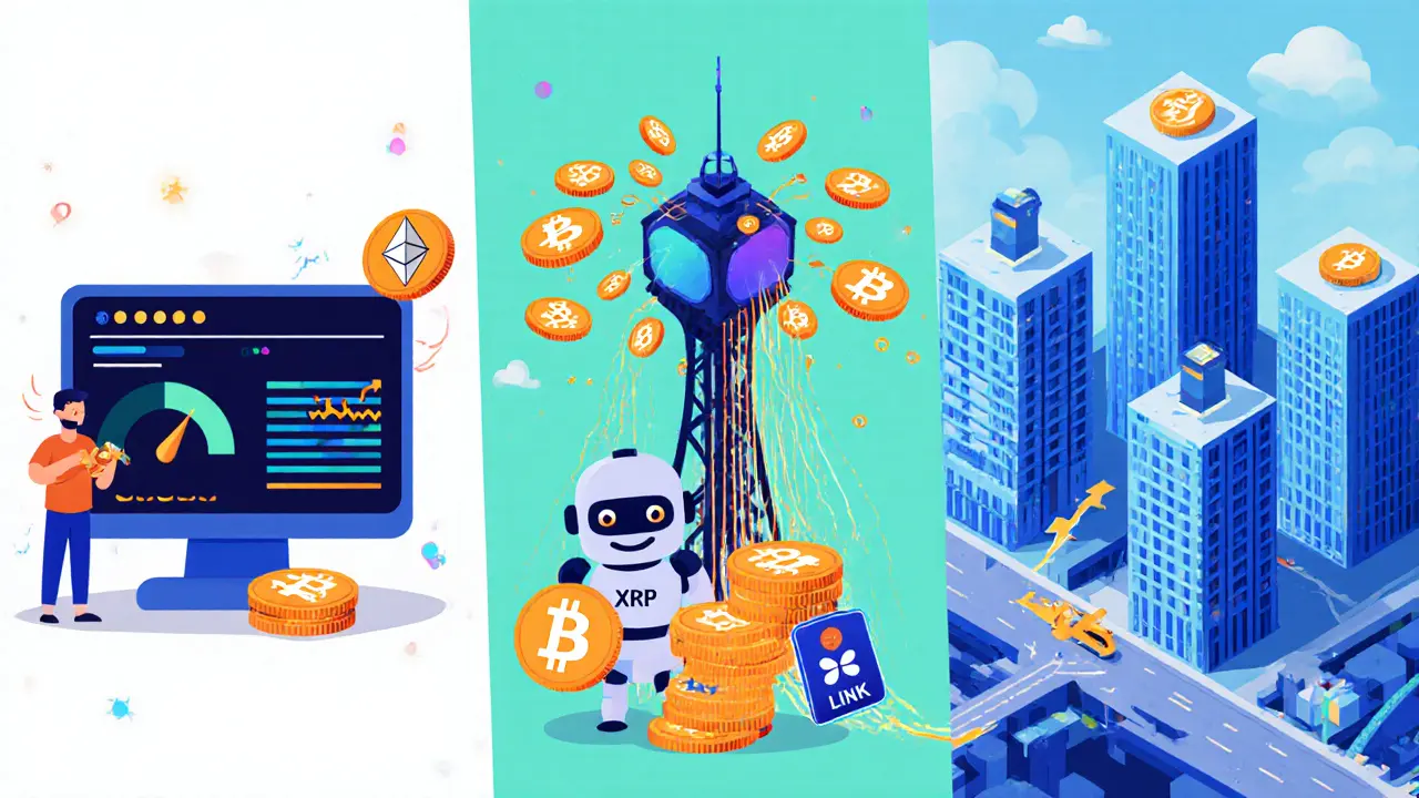 Cartoon panels showing ETH paying gas fees, LINK delivering data, and XRP enabling fast bank transfers.
