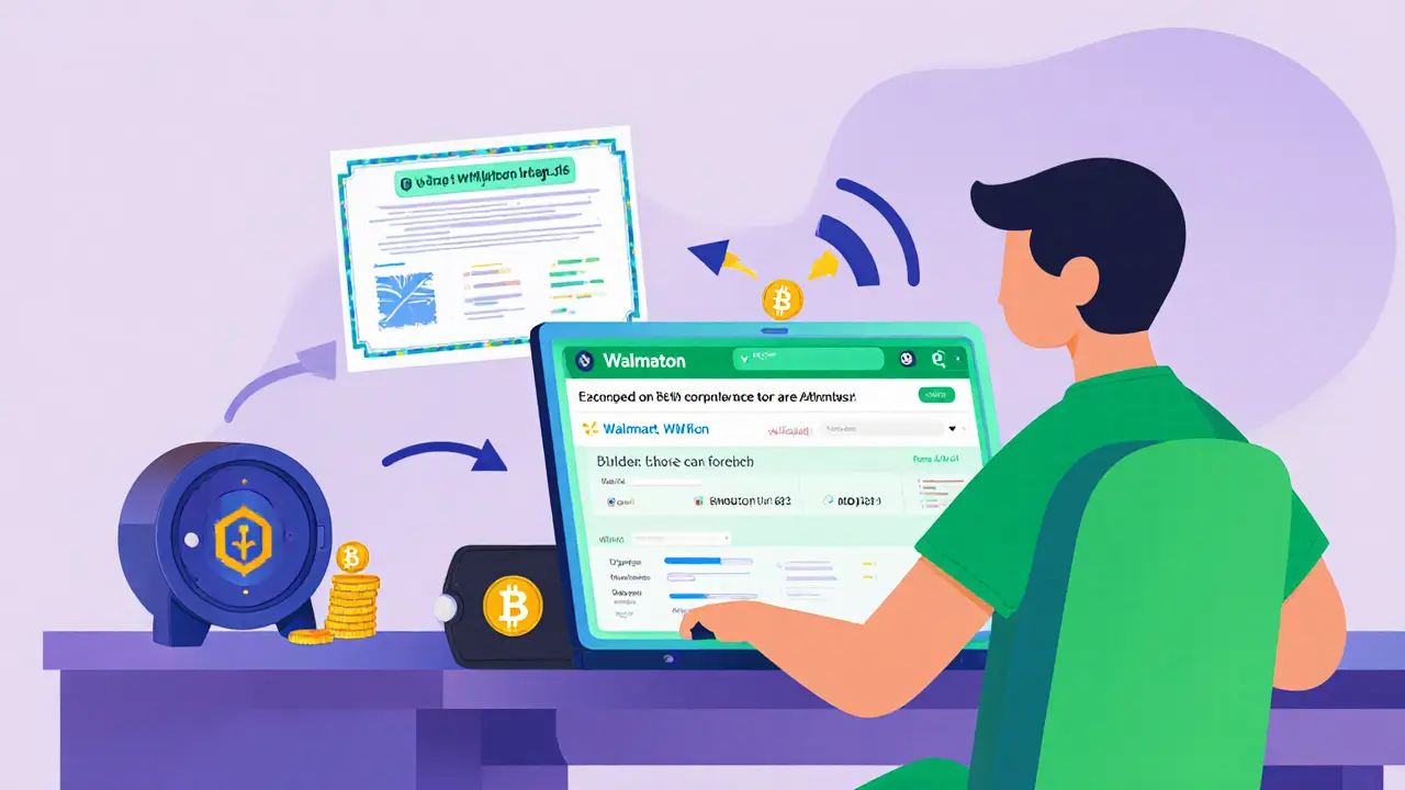 Cartoon person swaps ETH for WMTon on a DEX with dividend reinvestment.