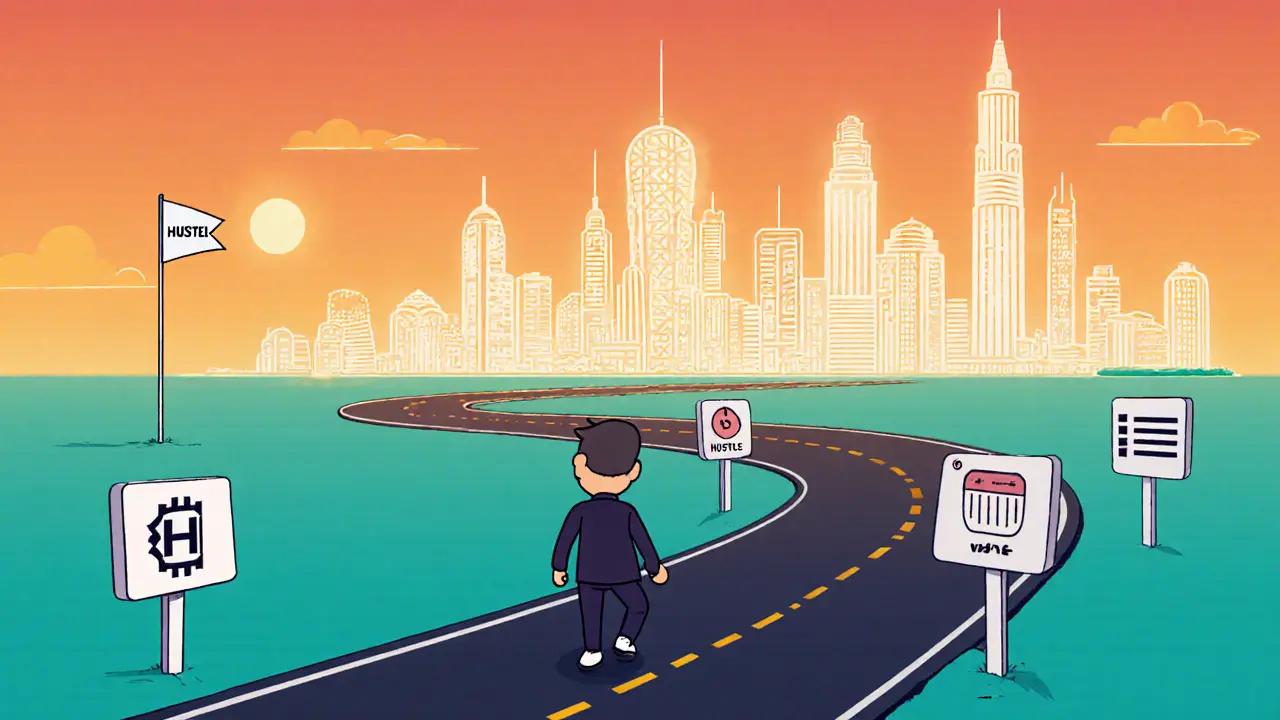 Cartoon roadmap with an agent walking past milestones toward a futuristic blockchain city.
