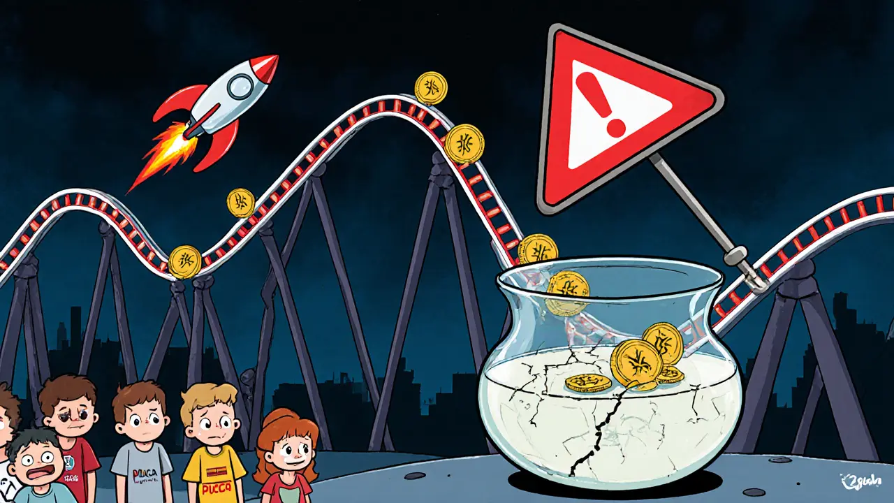 Cartoon scene showing volatile price chart and warning signs warning of PUCCA risks.