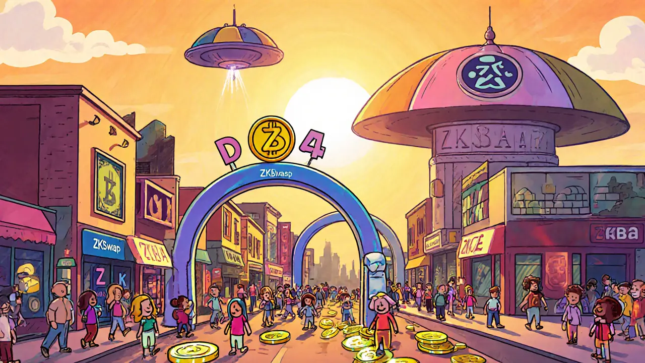 Cartoon scene showing ZKSwap DEX marketplace under a ZKBase umbrella building with ZKB token.