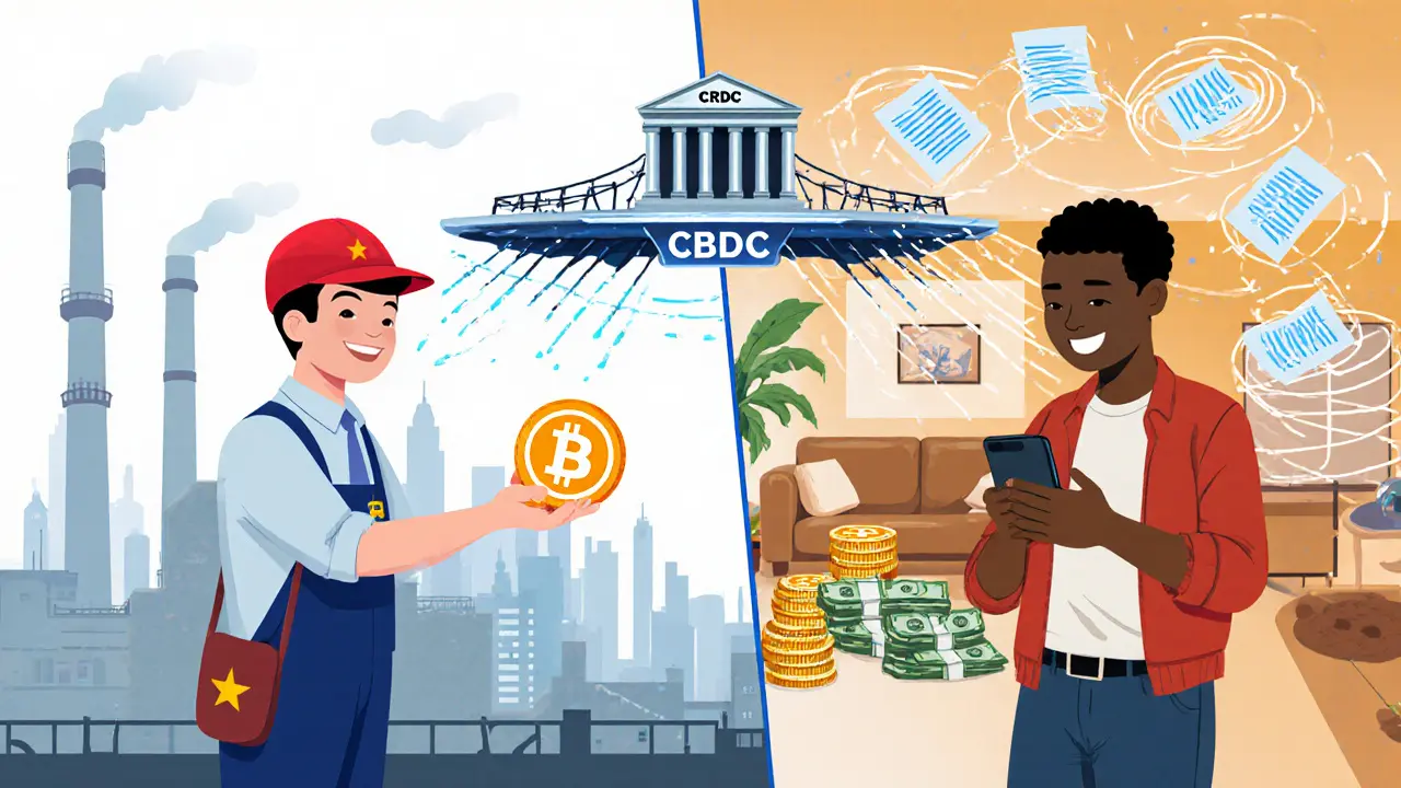 Cartoon showing Vietnamese and Nigerian users sending USDC, with a CBDC bridge and compliance icons.