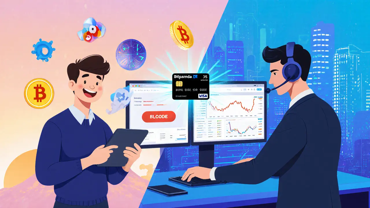 Cartoon split scene of a beginner buying assets and a pro using Fusion with a Bitpanda card.