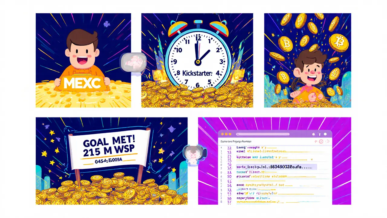 Cartoon storyboard of MEXC Kickstarter airdrop steps and token rain.