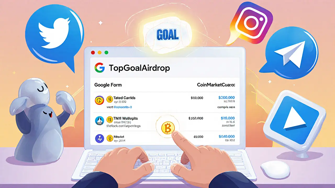Cartoon user at desk adding tokens to watchlist and filling Google Form for TopGoal.