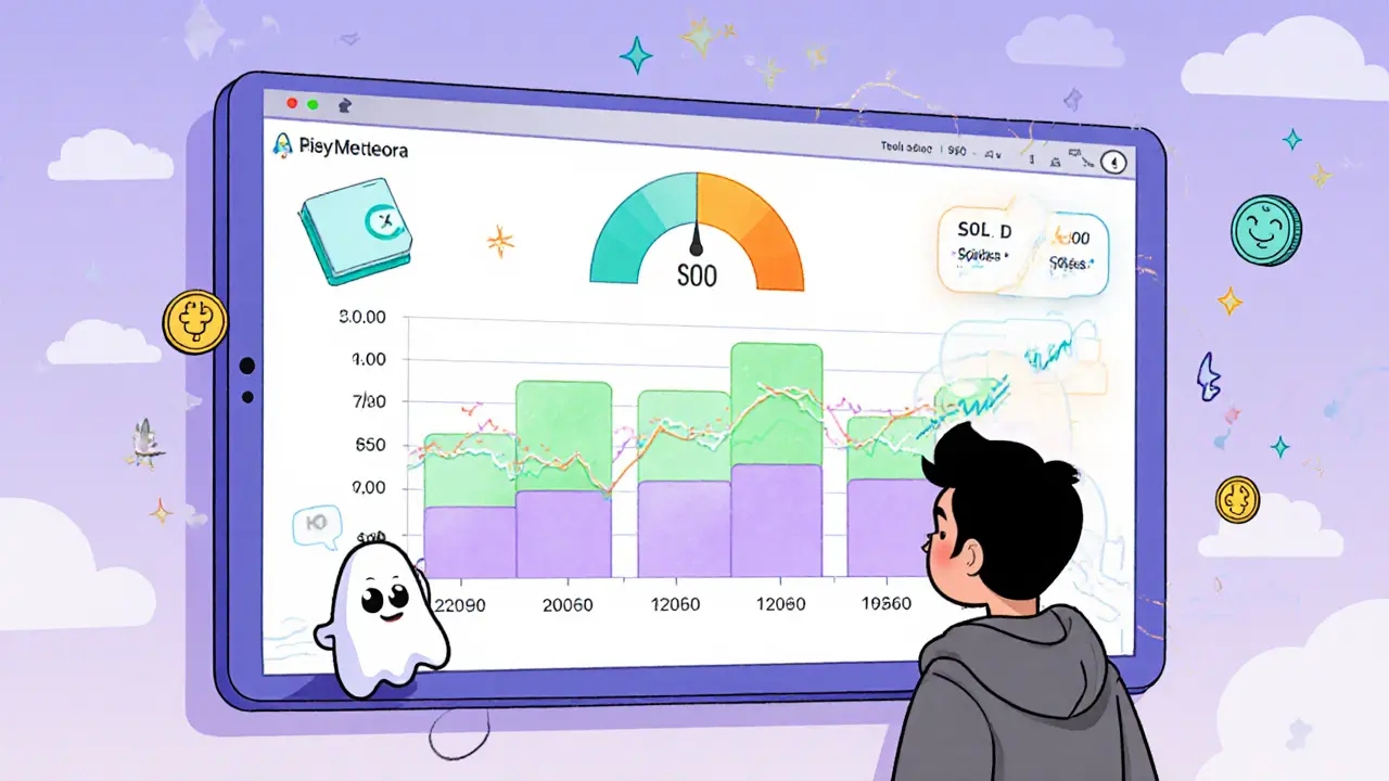 Cartoon user selecting price bins on a bright chart, with Phantom wallet and SOL/USDC tokens, fee gauge reacting to volatility.