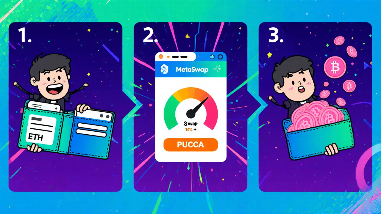 Cartoon user swapping ETH for PUCCA on a Uniswap interface with a high slippage gauge.