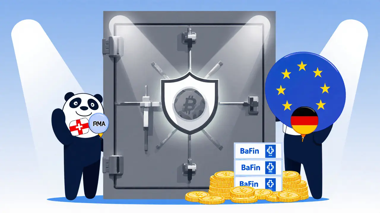 Cartoon vault guarded by Austrian and German figures with EU shield and cold‑storage boxes.