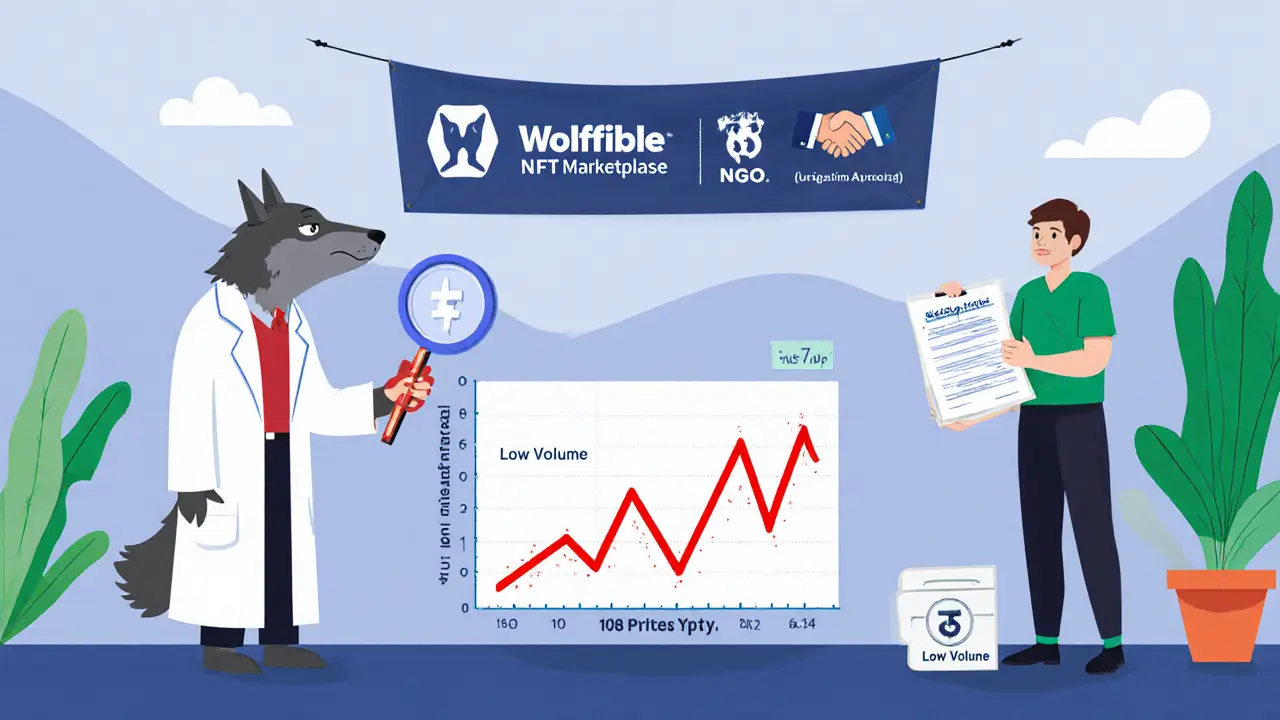 Cartoon wolf analyzing volatile chart with NFT marketplace and NGO symbols.