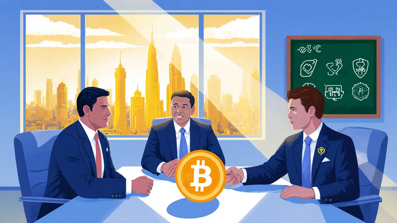 CBE officials discussing crypto licensing, shaking hands over a regulated Bitcoin logo.