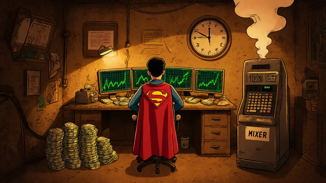 Cluttered office with Bitcoin screens, cash piles, superhero cape, and 24âmonth timer.