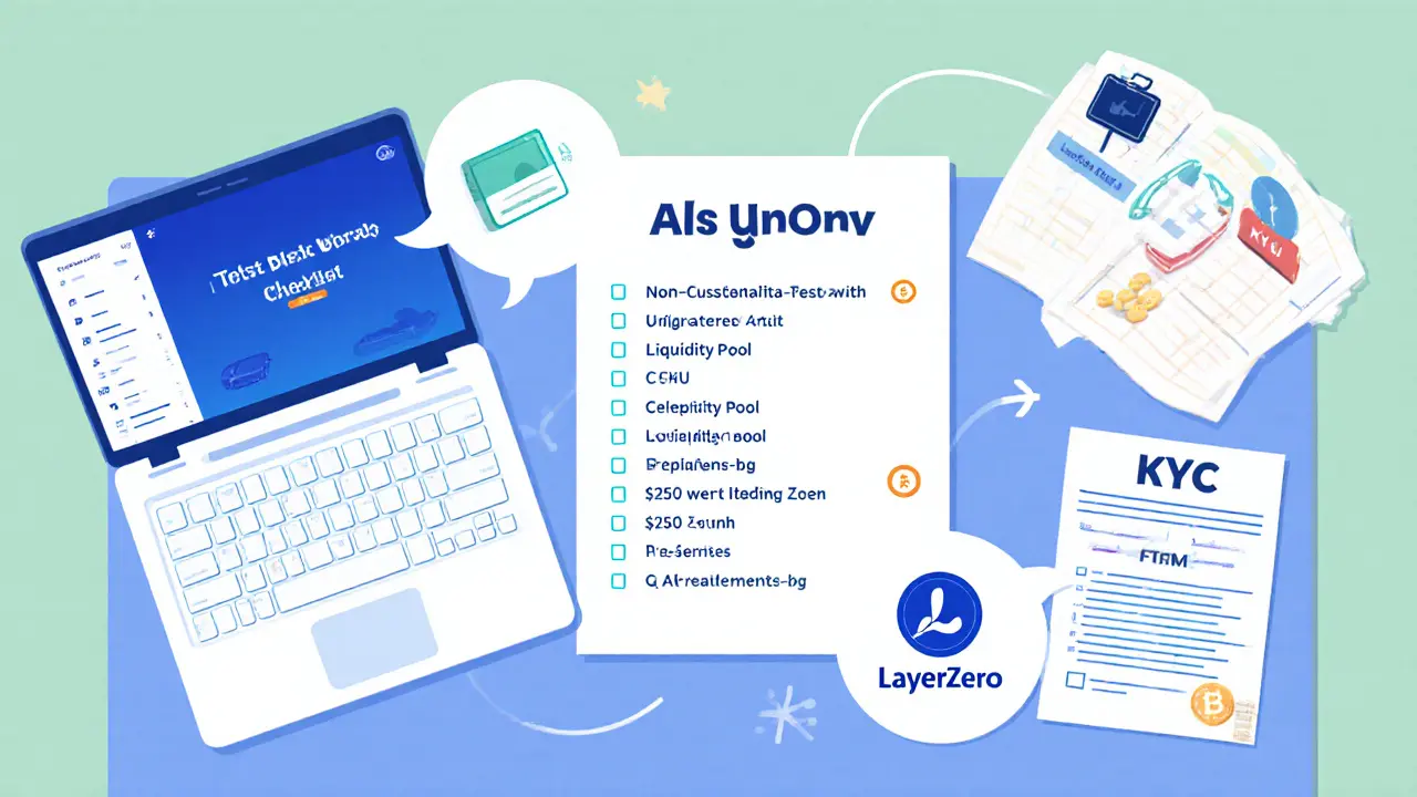 Desk scene with wallet app, testnet swap, liquidity pool, partner token, and KYC checklist.