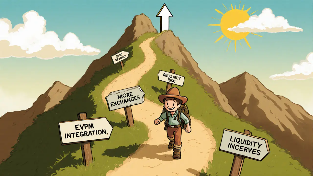 Explorer on a mountain path with signposts for exchange listings, EVM integration, and incentives.