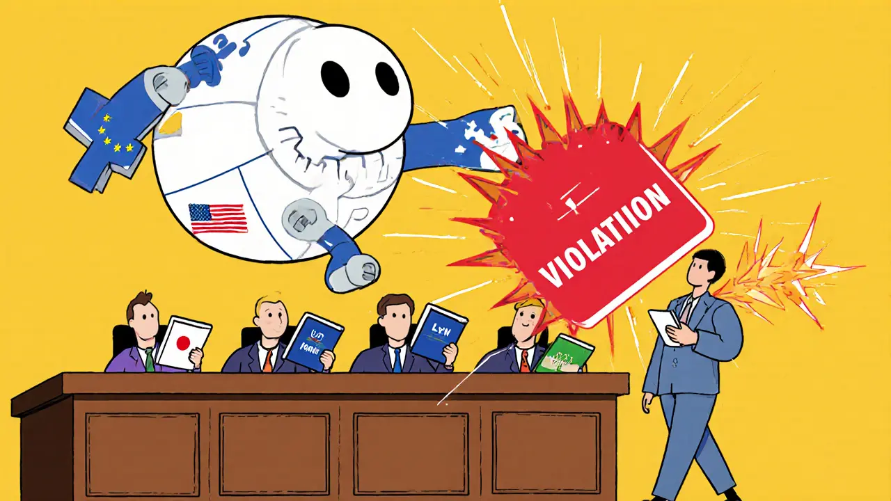 Faceless DAO robot being judged by five country regulators while a user triggers a violation.