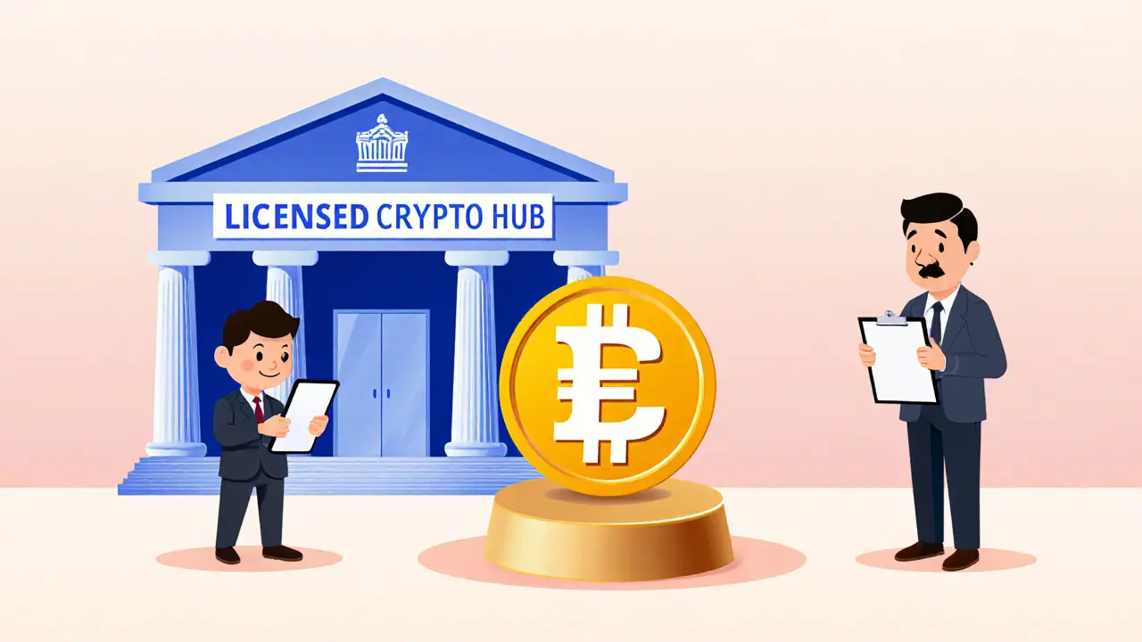 Future scene with a licensed exchange, e‑CNY token, and a DEX user.