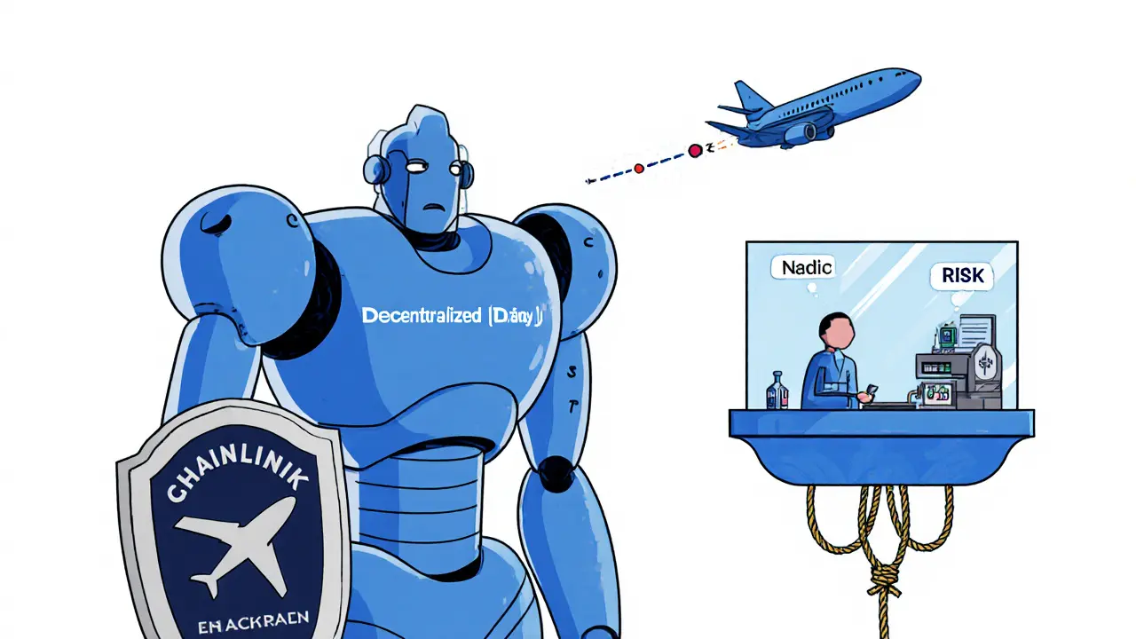 Hybrid smart contract robot using decentralized oracle to verify flight delay and calculate payout.