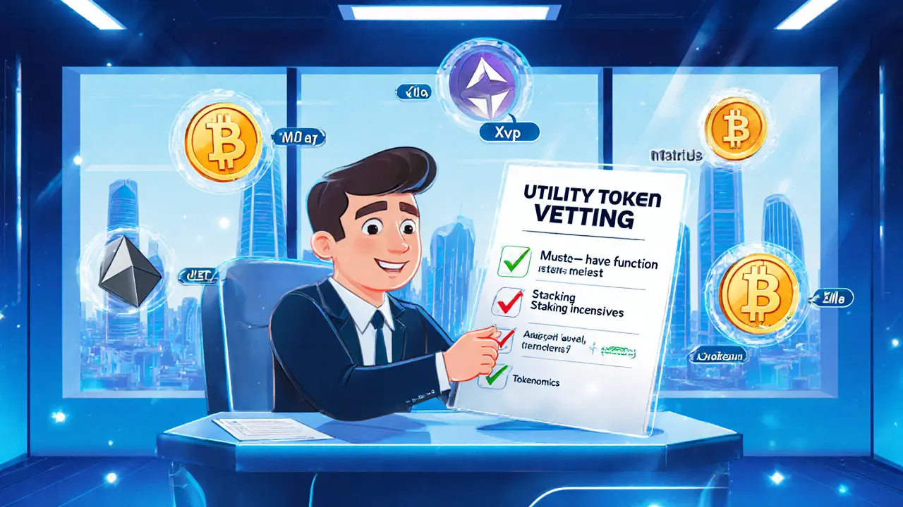Investor at a holographic desk checks a utility token checklist while token icons glow around him.