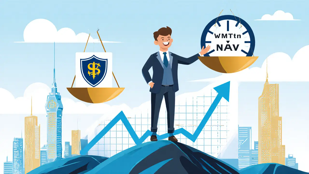Investor views WMTon price vs NAV on a chart with regulatory and liquidity symbols.