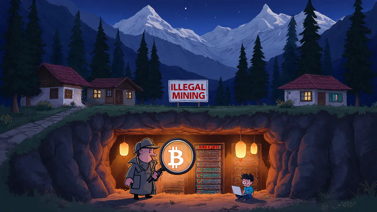 Mountain village at dusk with underground mining rigs, a detective examining a blockchain chain, and a warning sign.