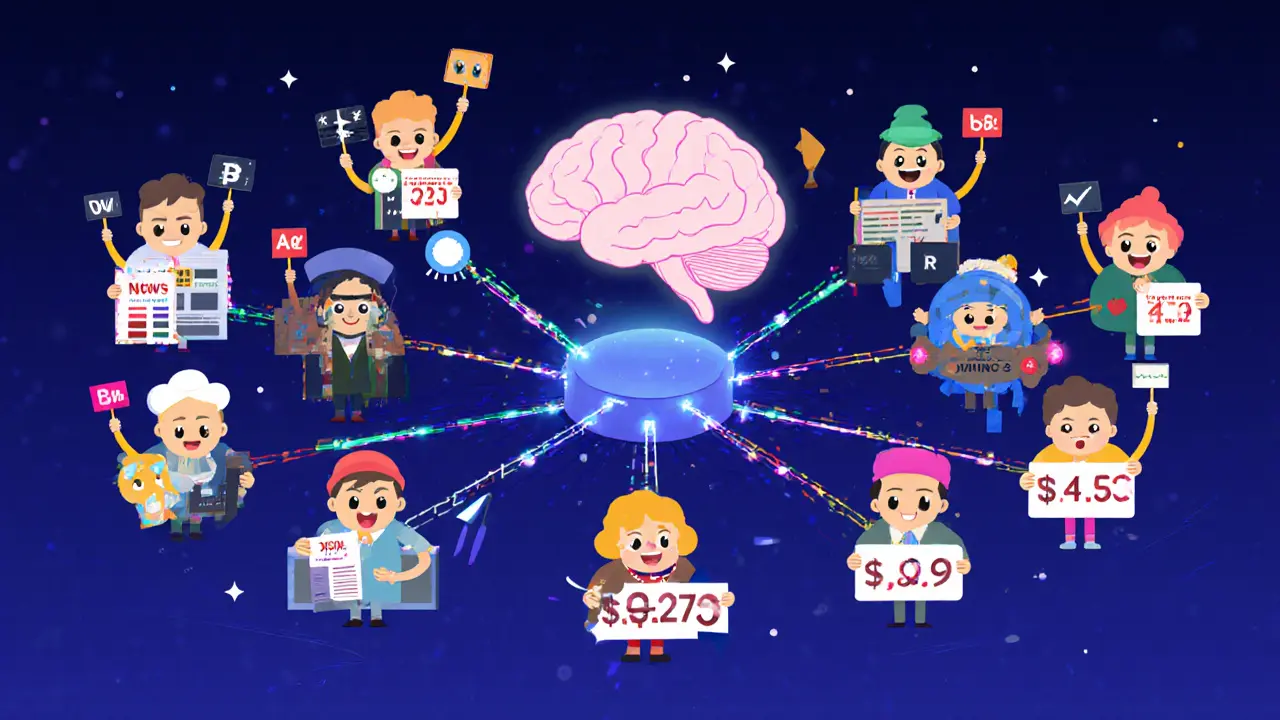 Multiple data nodes with faces sending price info to a central brain, rejecting one corrupt node.