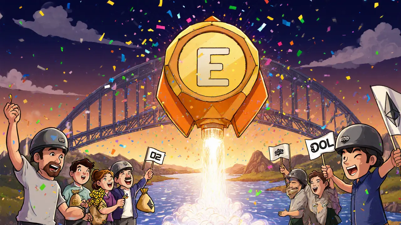 Optimistic cartoon rocket launching from a MET token pad, crossing a bridge to Ethereum L2, surrounded by cheering LPs.