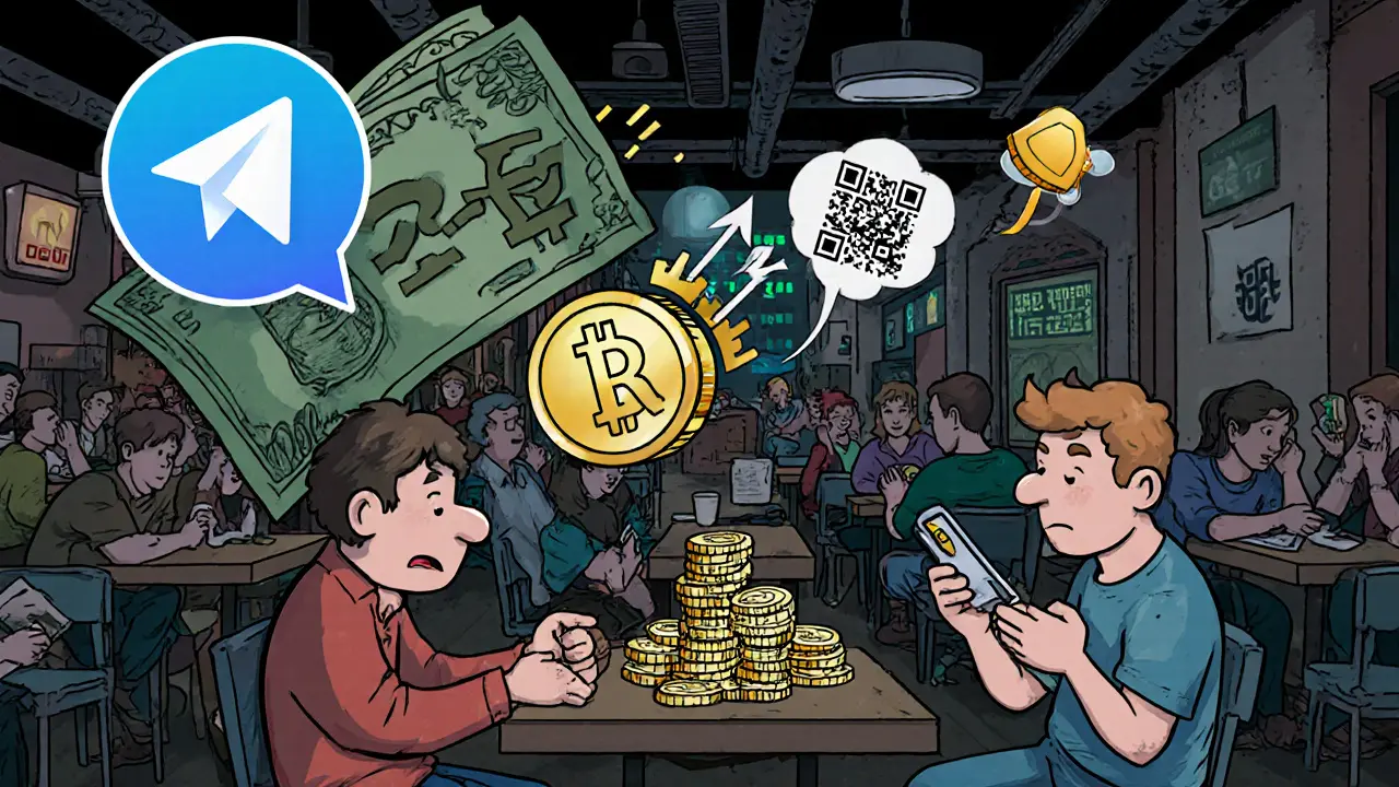 People trading cash for USDT in a Moscow cafe, Telegram chats and QR codes floating around them.