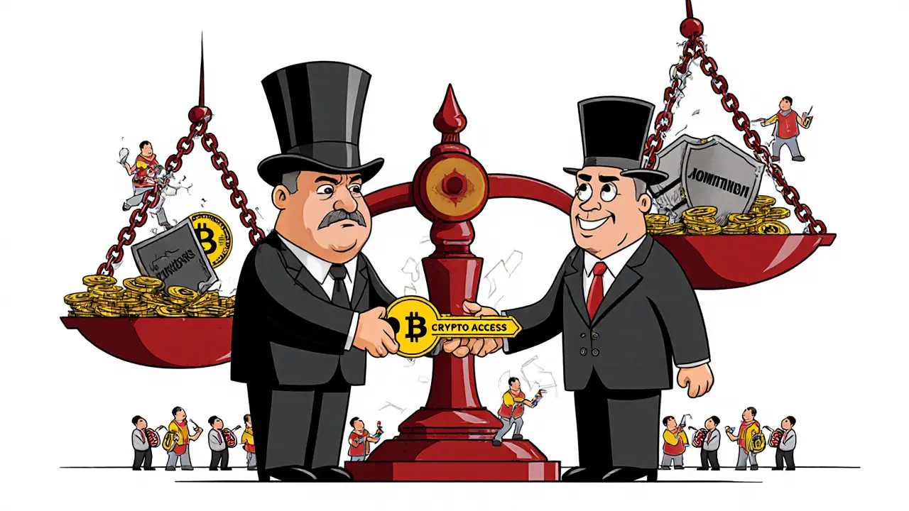 Russian Central Bank official hands over crypto access key to a bank teller as citizens hold digital wallets.