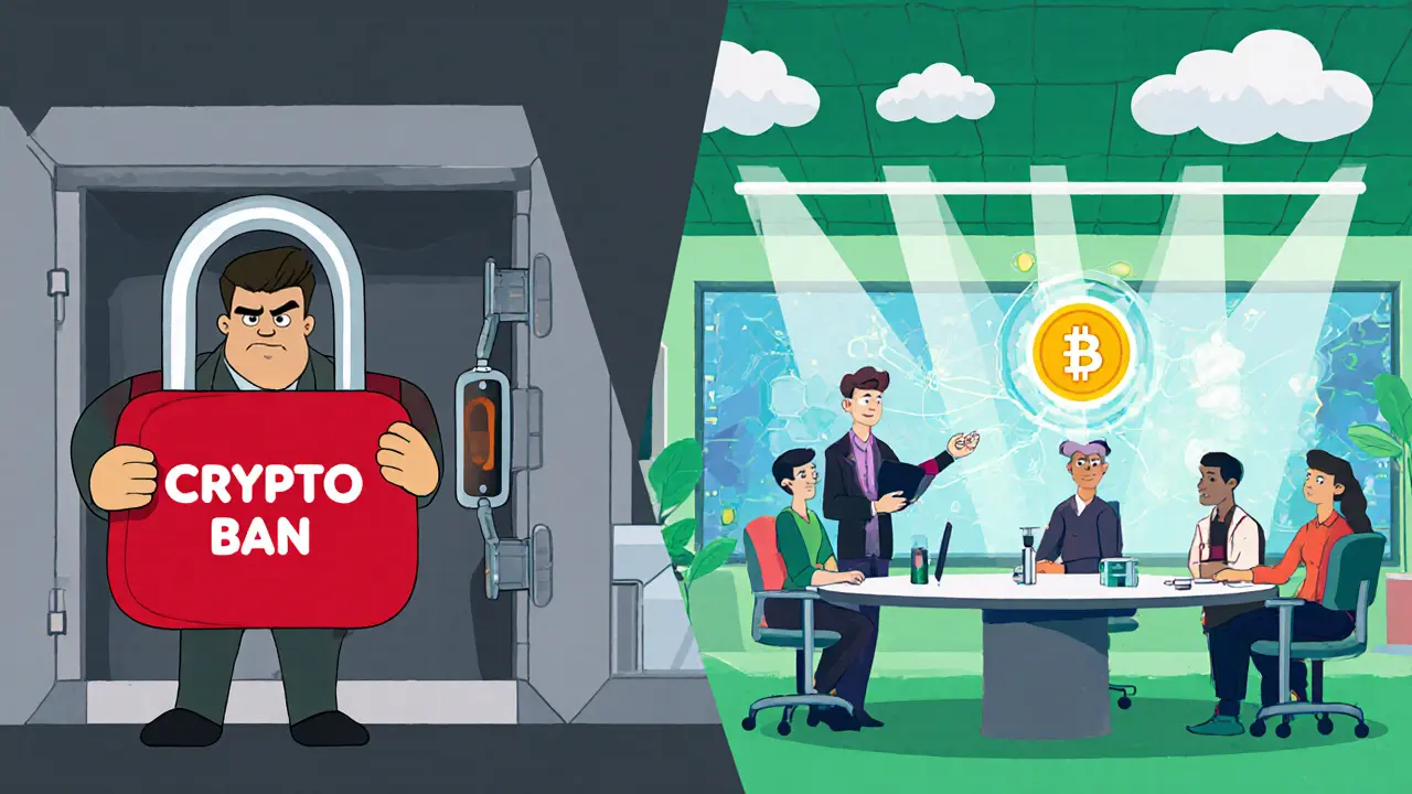 Split scene of a locked vault representing the crypto ban opposite a bright lab showing blockchain and CBDC development.