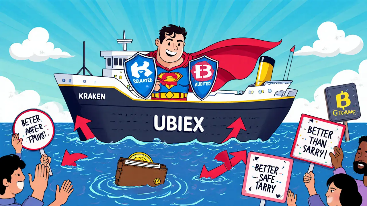 Superhero exchanges rescue a wallet from a sinking UBIEX ship amid withdrawal fee arrows.