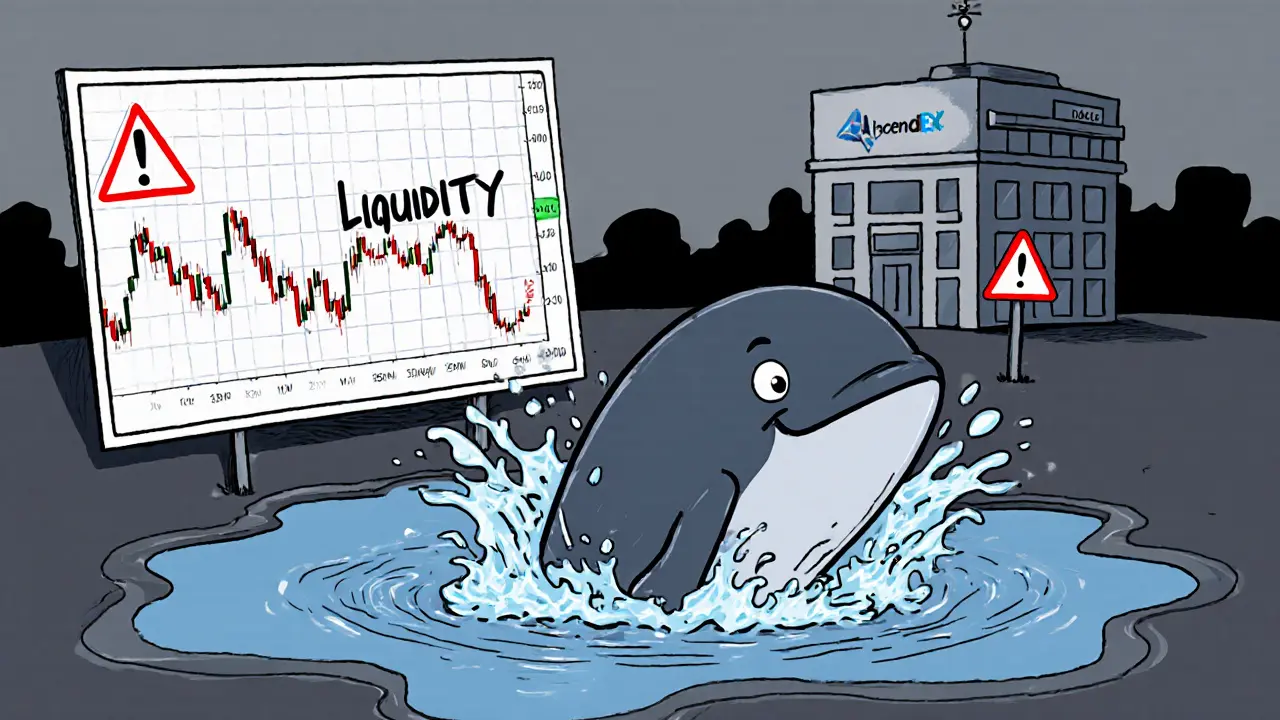 Thin liquidity pond with a whale splash causing price swings and a lone AscendEX building.