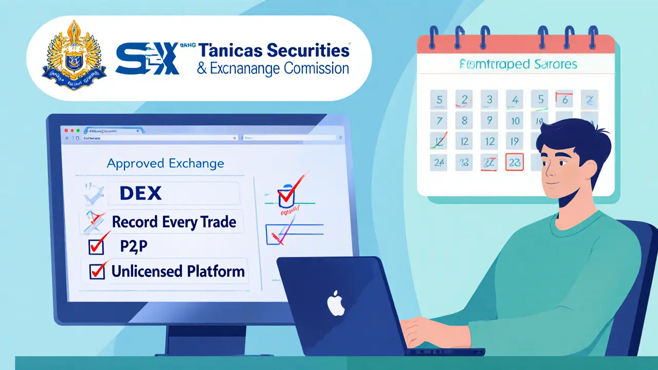 Trader checking SEC‑licensed exchange on laptop with checklist of eligible platforms.