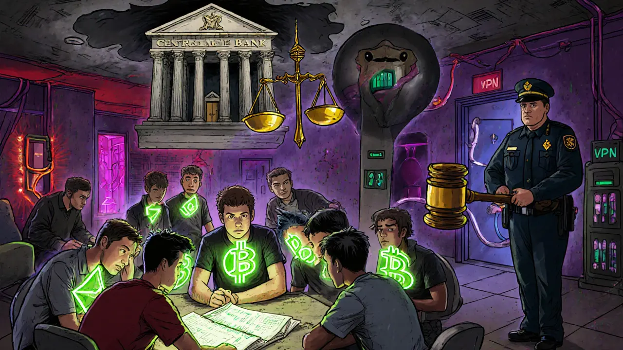 Underground crypto basement raid with police, VPN cables, and glowing crypto symbols.